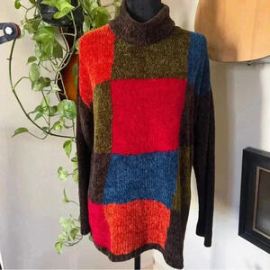 Vtg 90s All Points Chenille Colorblock Sweater - Size Small/Medium